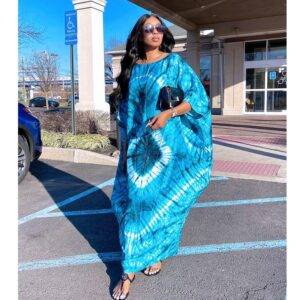 Boubou Style in Silk Material-Blue Texture